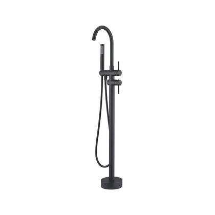 Matte black freestanding tub faucet for bathroom, stainless steel body, gooseneck spout and hand shower — SANIKB FYF-9103-3.