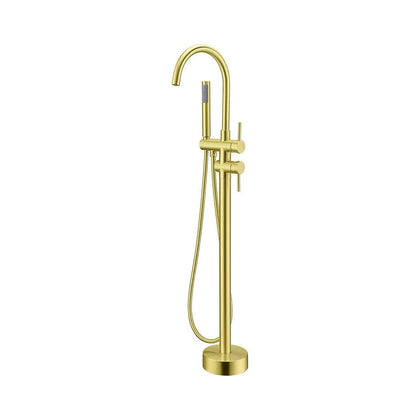 Brushed gold freestanding tub faucet for bathroom, stainless steel body, gooseneck spout with hand shower — SANIKB FYF-9103-3.