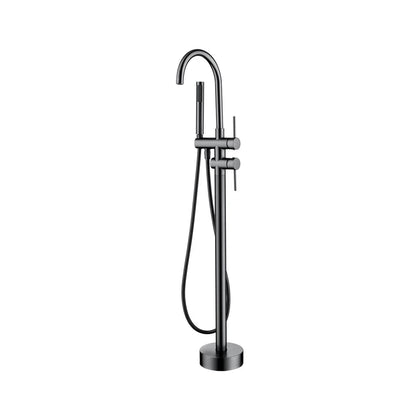 Gunmetal freestanding tub faucet for bathroom, stainless steel body, gooseneck spout and handheld shower — SANIKB FYF-9103-3.