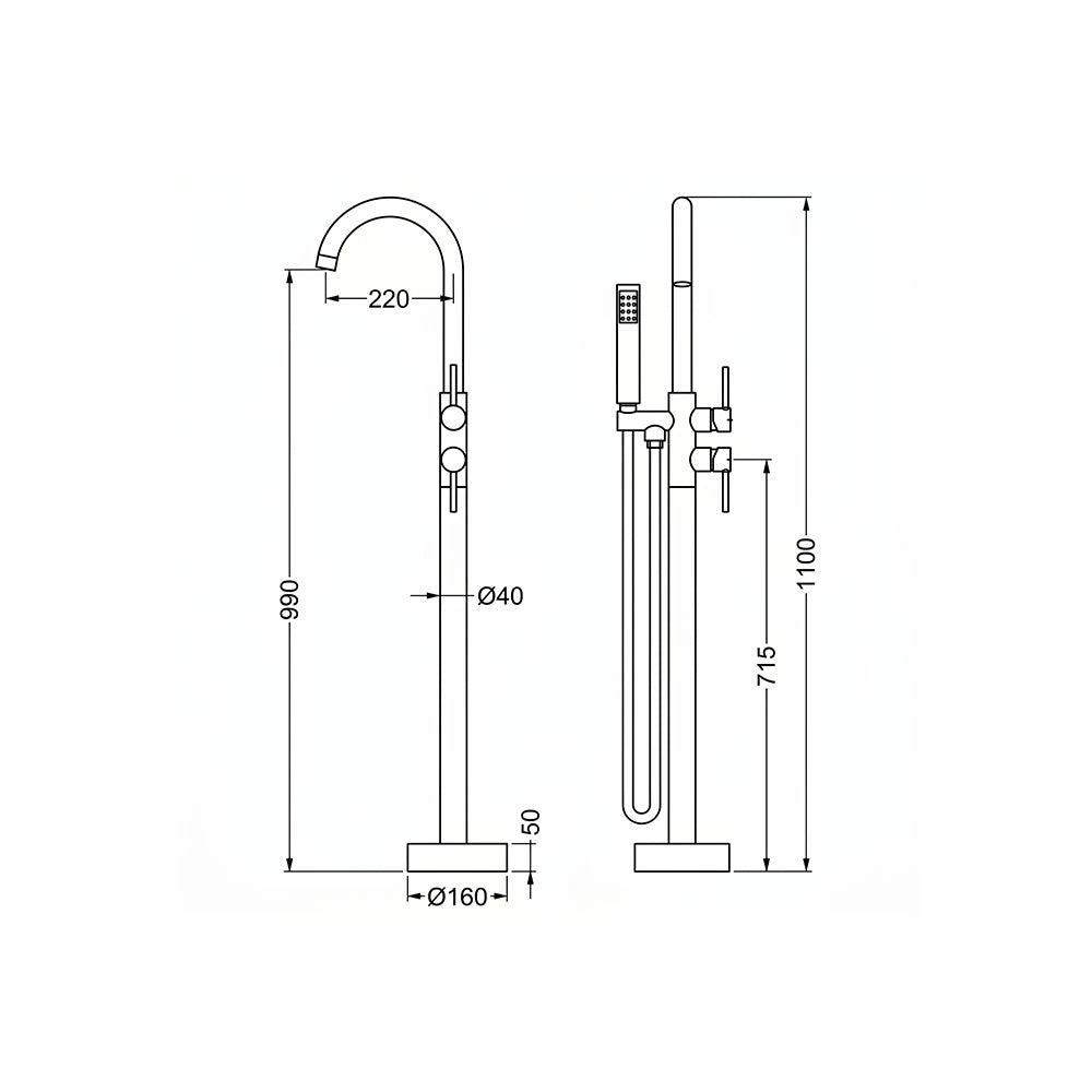 Dimensioned spec drawing for SANIKB FYF-9103-3 freestanding tub faucet, showing floor-mount height and gooseneck spout reach.