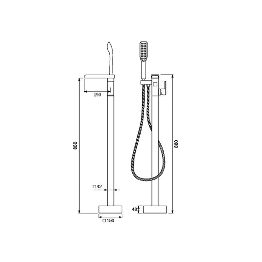 Dimensioned spec drawing for SANIKB FYGF-9121-1 freestanding tub faucet, front and side views (860/880 mm tall).