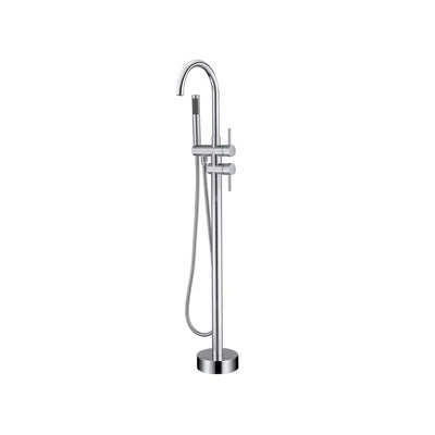 Polished chrome freestanding tub faucet for bathroom, stainless steel body, gooseneck spout with handheld shower — SANIKB FYF-9103-3.