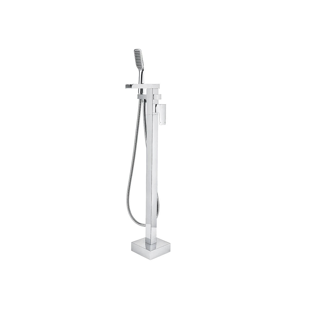 Polished chrome freestanding tub faucet for the bath, stainless steel body, squared spout and handheld shower — SANIKB FYGF-9121-1.