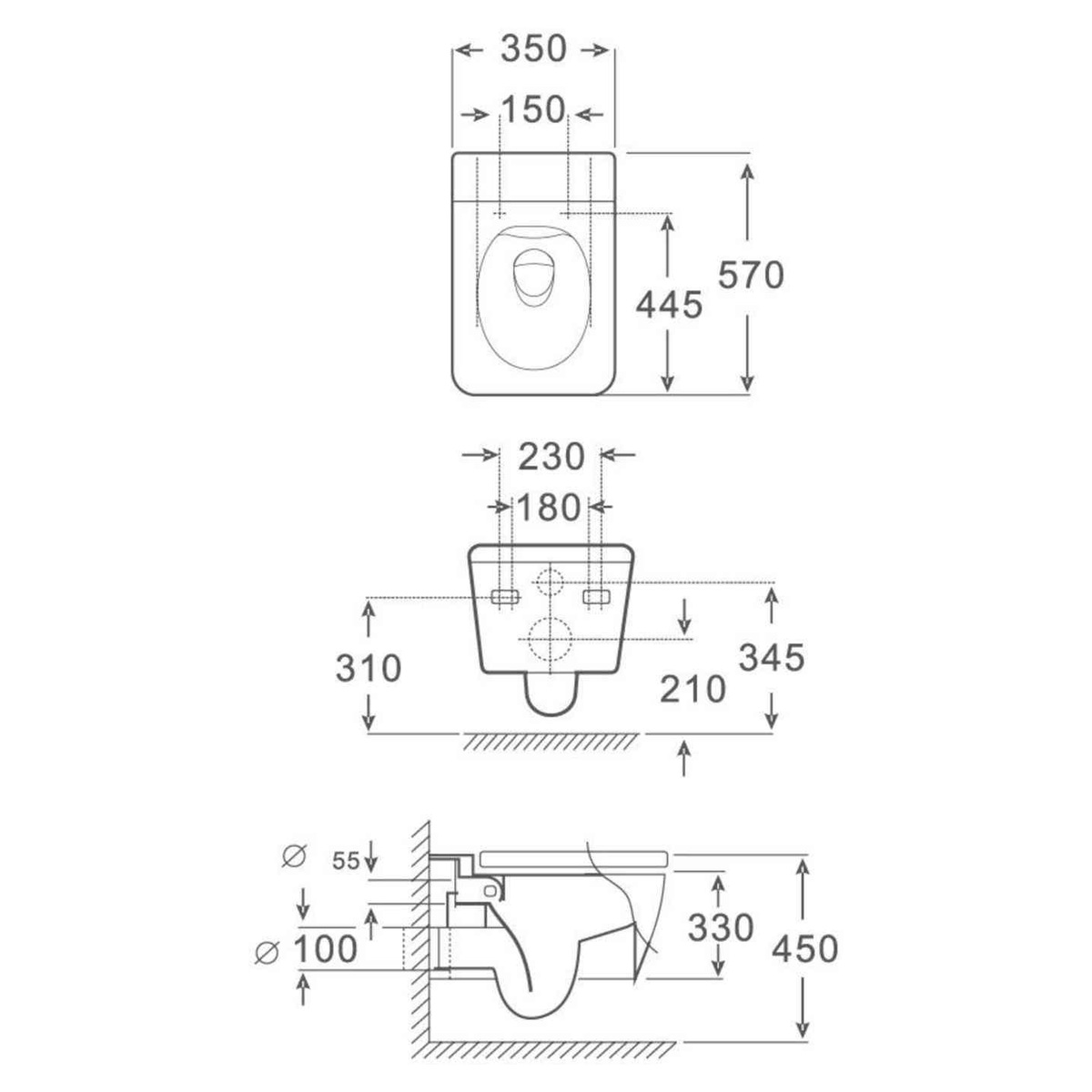 SANIKB FT-112 wall-hung toilet dimension drawing, 570 × 350 × 330 mm