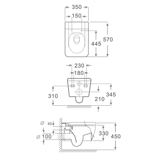 SANIKB FT-112 wall-hung toilet dimension drawing, 570 × 350 × 330 mm