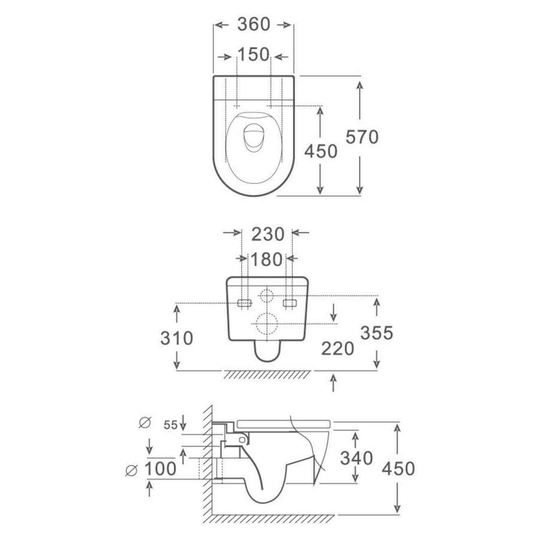 SANIKB FT-115 wall-hung toilet dimension drawing, 570 × 360 × 340 mm