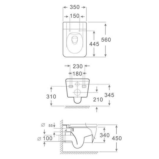 SANIKB FT-116 wall-hung toilet dimension drawing, 560 × 350 × 340 mm