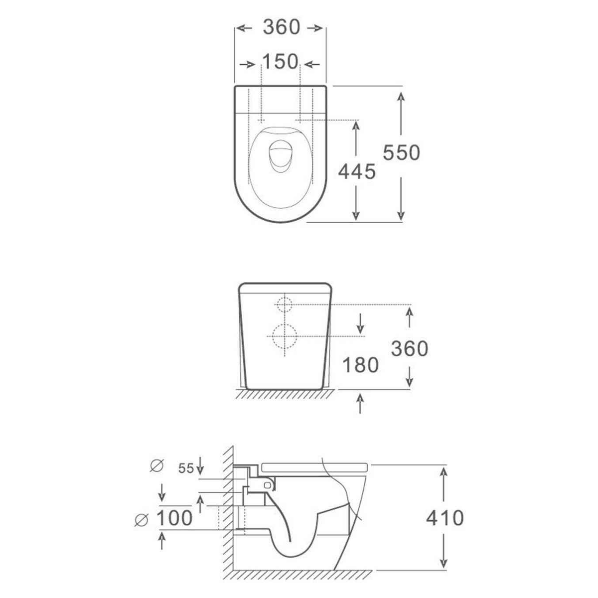 SANIKB FT-125 back-to-wall toilet dimension drawing, 550 × 360 × 410 mm