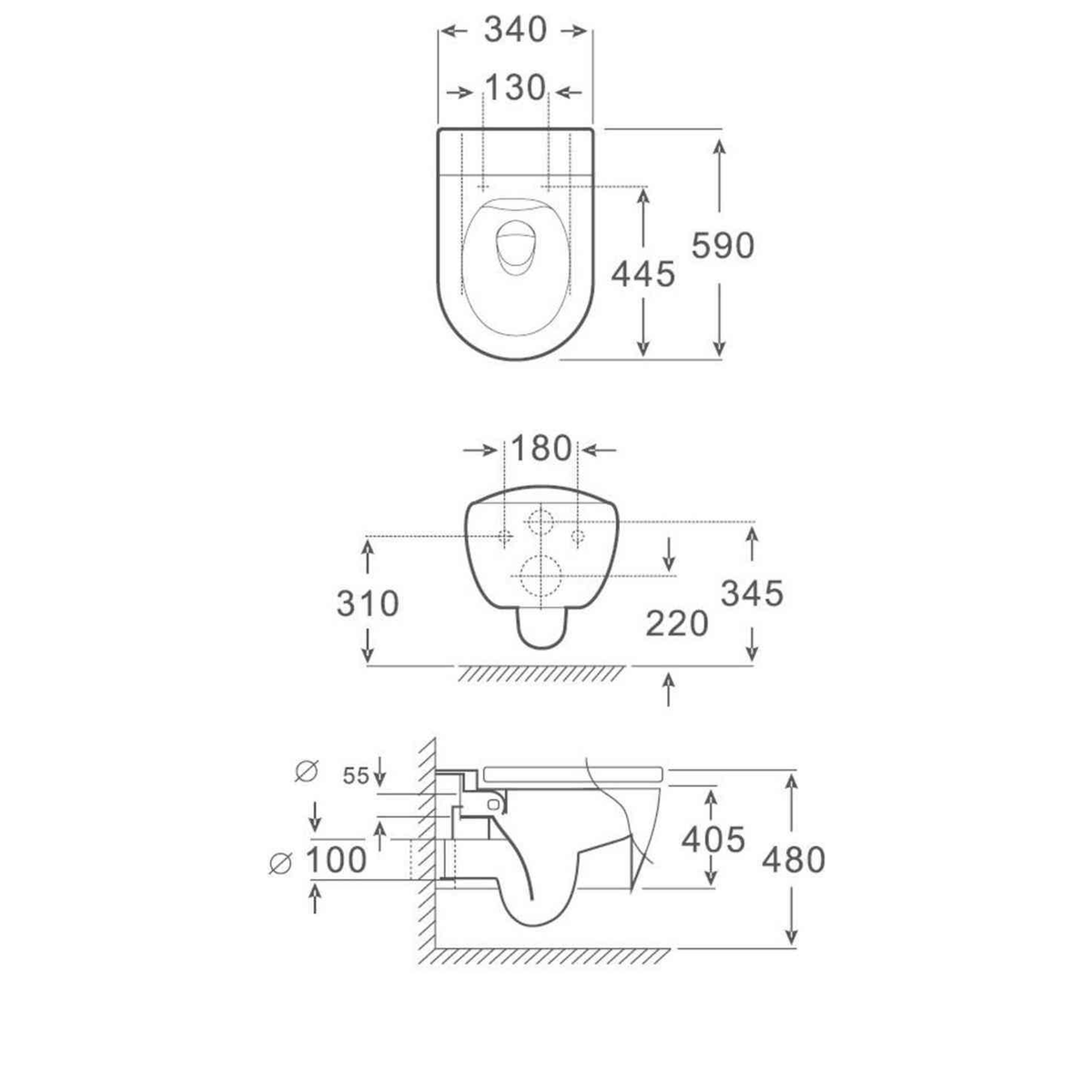 SANIKB FT-138 wall-hung toilet dimension drawing, 590 × 340 × 405 mm