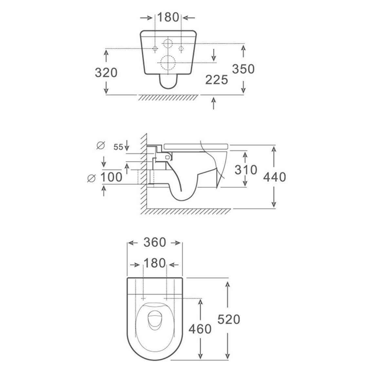 SANIKB FT-176 wall-hung toilet dimension drawing, 520 × 360 × 310 mm