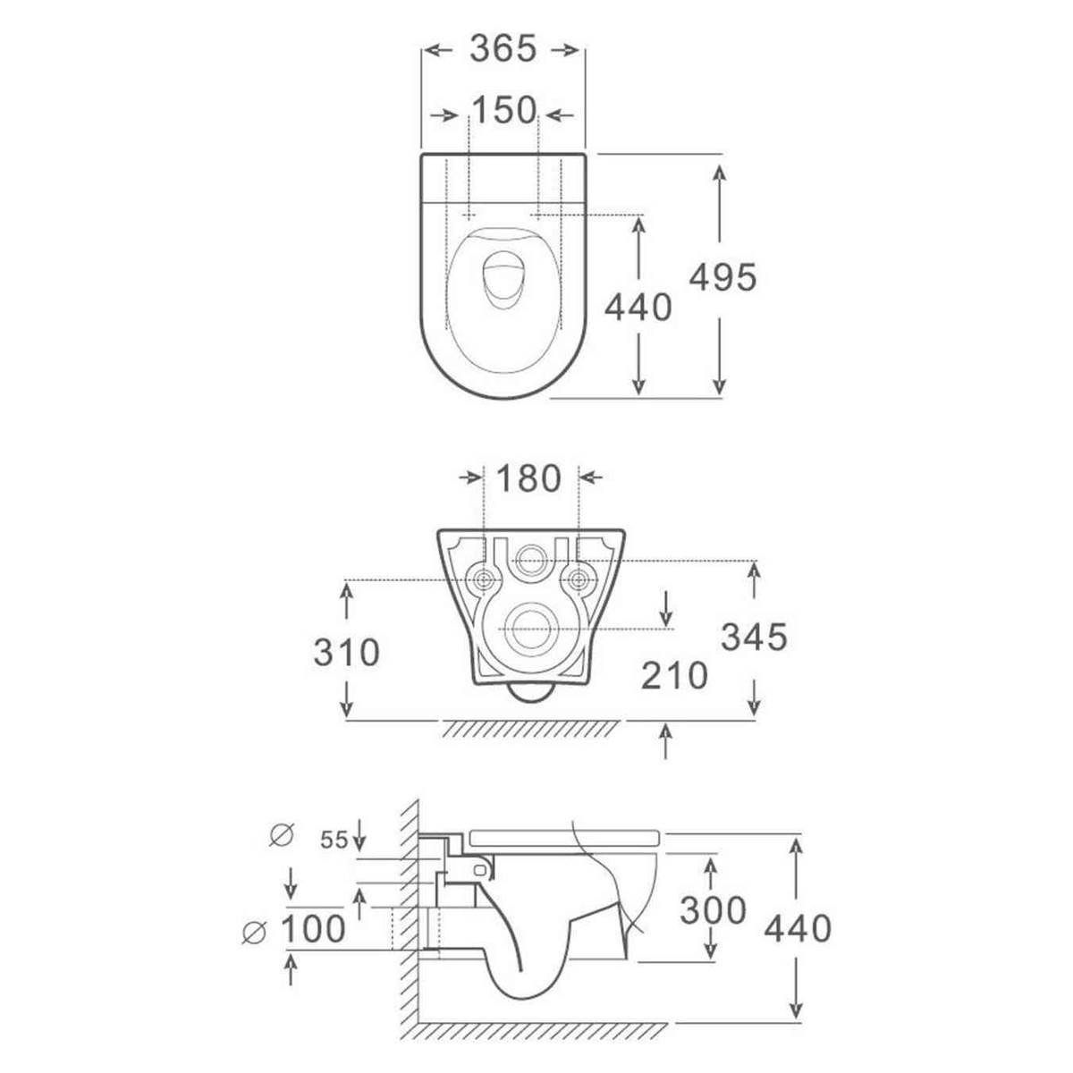SANIKB FT-192 wall-hung toilet dimension drawing, 495 × 365 × 300 mm