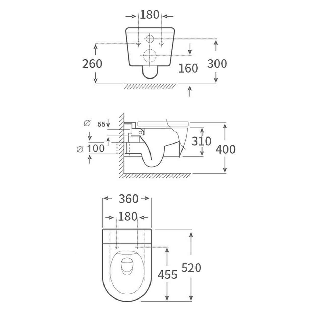 SANIKB FT-251 wall-hung toilet dimension drawing, 520 × 360 × 310 mm