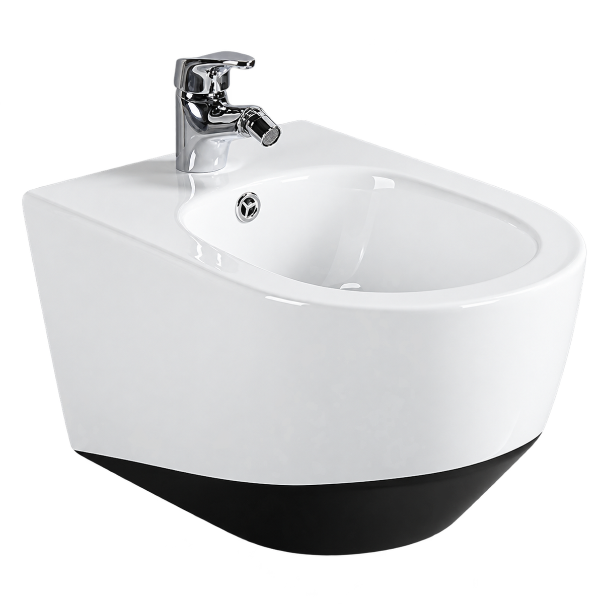 SANIKB FT-277 ceramic bidet, white body with glossy black lower finish and original chrome faucet