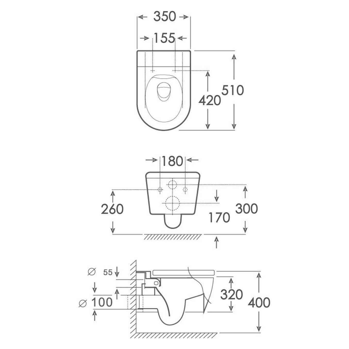 SANIKB FT-516 wall-hung toilet dimension drawing, 510 × 350 × 320 mm