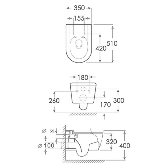 SANIKB FT-516 wall-hung toilet dimension drawing, 510 × 350 × 320 mm