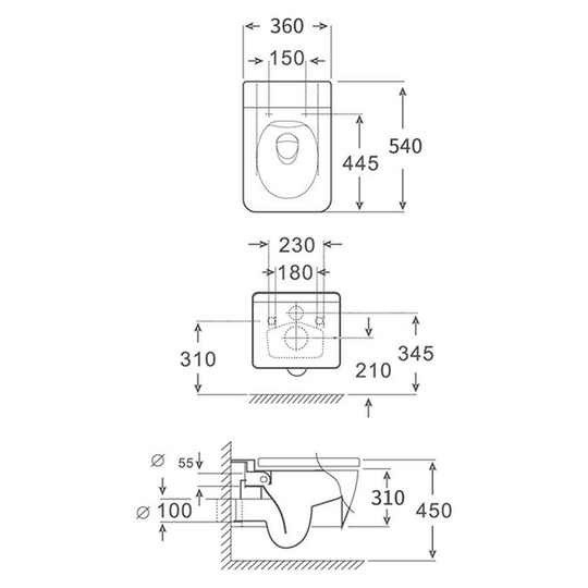 SANIKB FT-535 wall-hung toilet dimension drawing, 540 × 360 × 310 mm