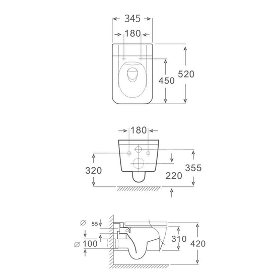 SANIKB FT-709 wall-hung toilet dimension drawing, 520 × 345 × 310 mm