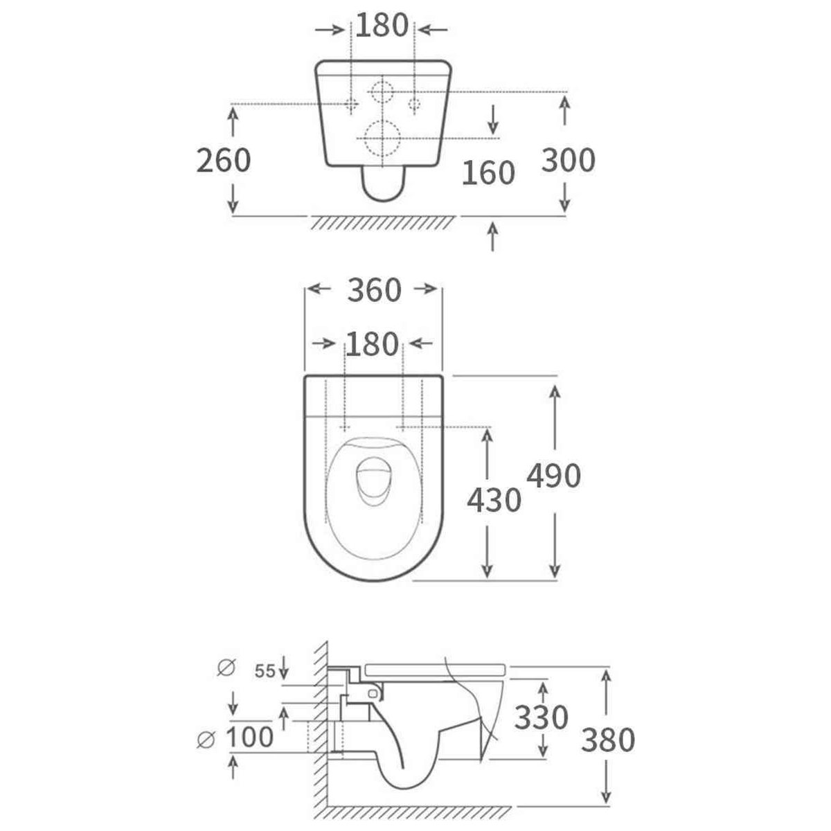 SANIKB FT-806 wall-hung toilet dimension drawing, 490 × 360 × 330 mm