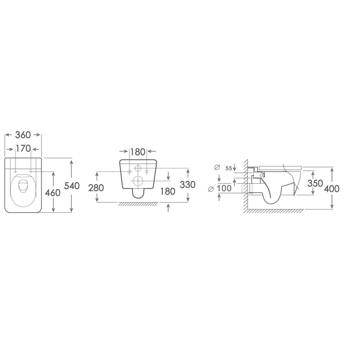 SANIKB FT-824BF wall-hung toilet dimension drawing, 540 × 360 × 350 mm