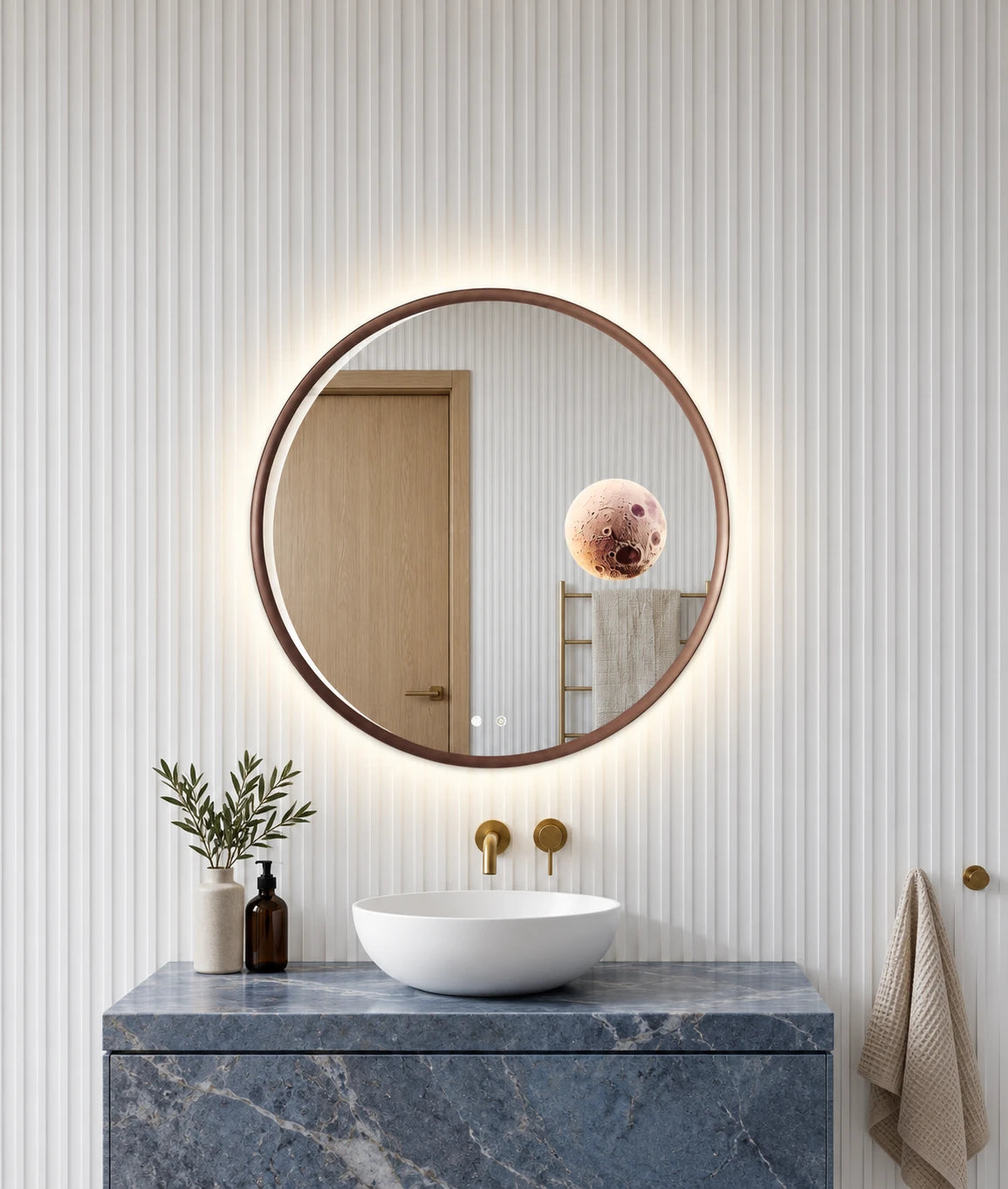 Gold Frame Round Backlit LED Bathroom Mirror — catalog detail view; KS-010-1004