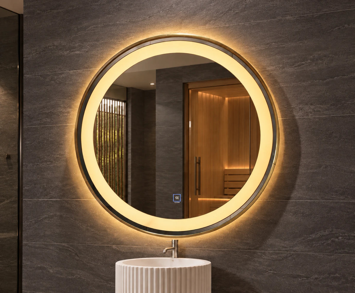 Gold Frame Round Perimeter LED Mirror — full product view; KS-2006