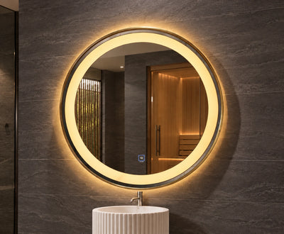 Gold Frame Round Perimeter LED Mirror — full product view; KS-2006