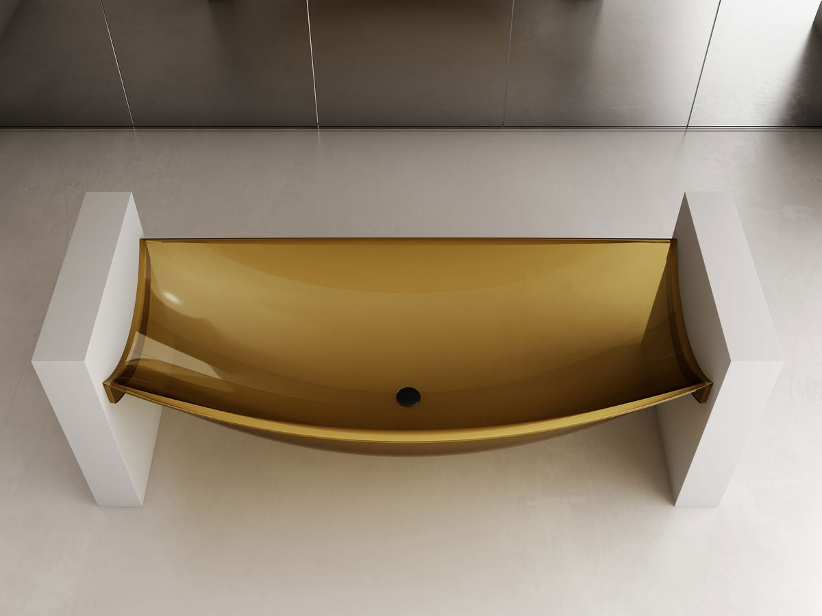 Golden Curved Transparent Bathtub with End Supports; original factory model TW-8997T catalogue detail view 1