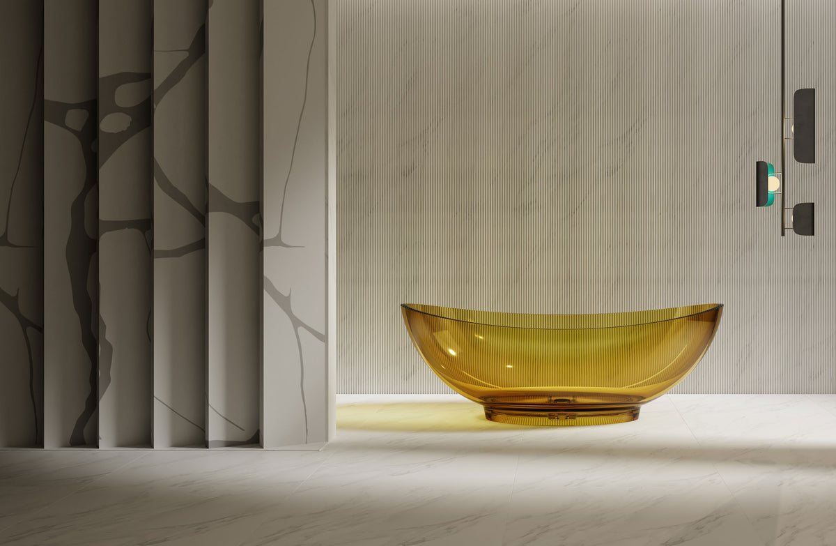 Golden Oval Transparent Bathtub on Pedestal Base; original factory model XA-8805T catalogue detail view 1
