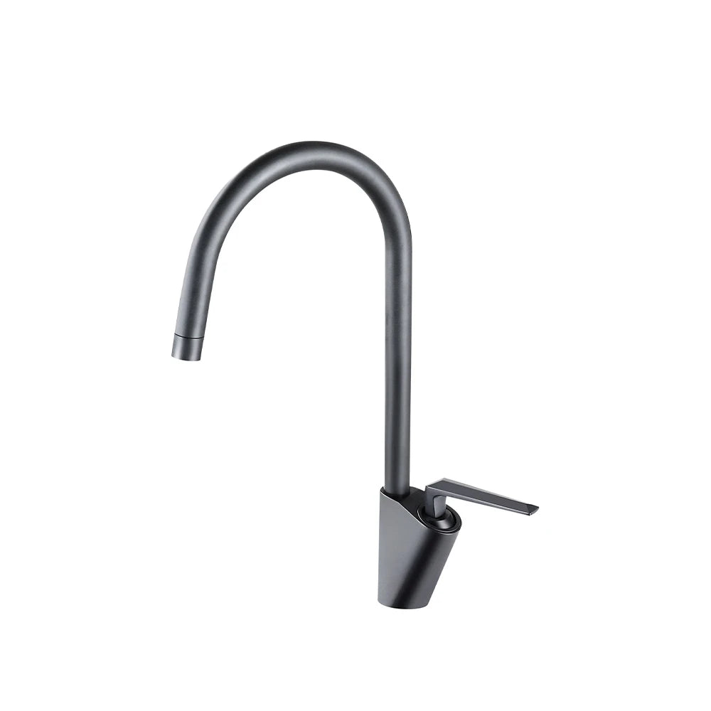 Gunmetal grey gooseneck kitchen faucet, brass, curved high-arc spout, single lever — SANIKB FYF-05058.