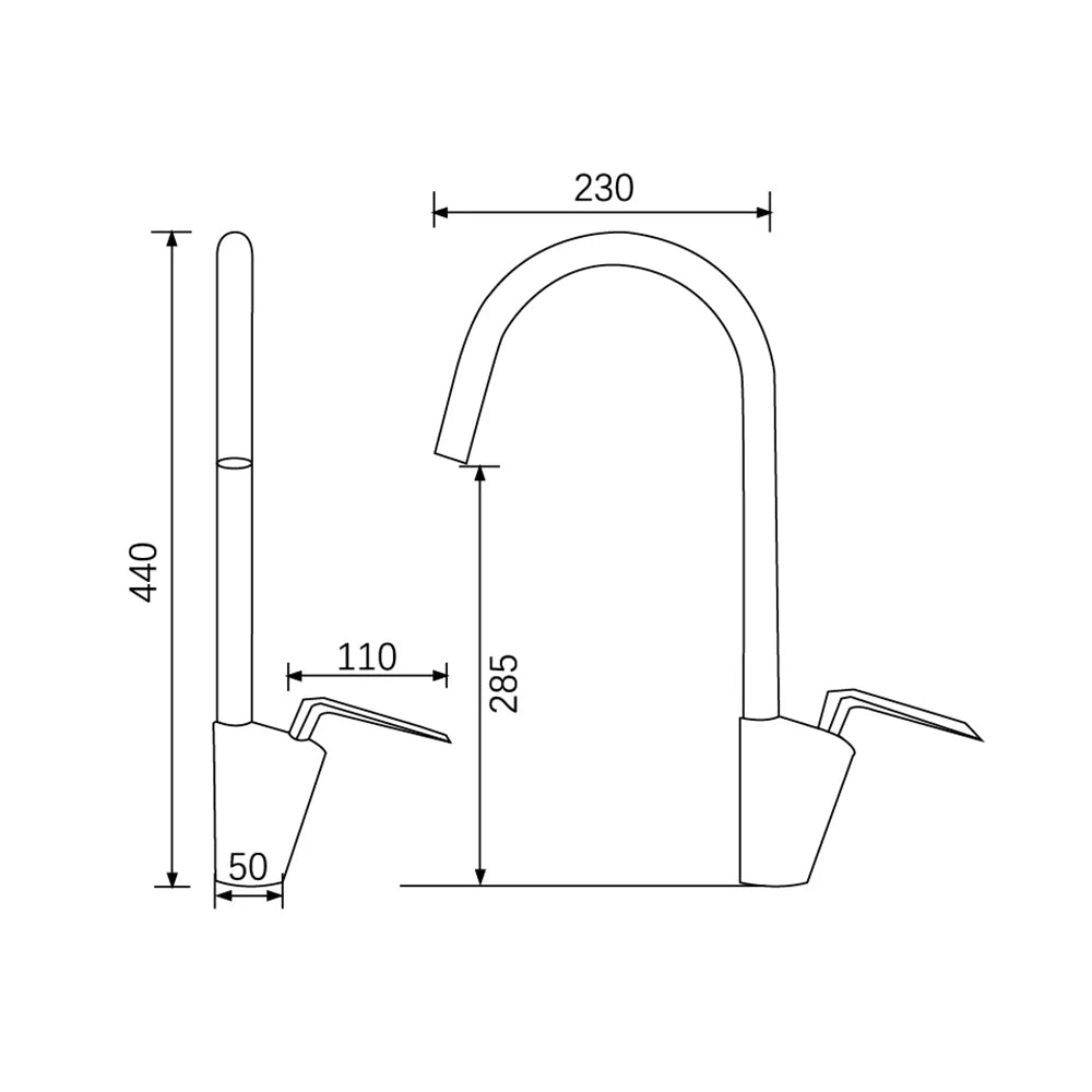 Dimensioned spec drawing for SANIKB FYF-05058 gooseneck kitchen faucet, 285 mm spout height, 230 mm reach.
