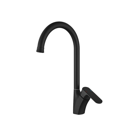 Matte black gooseneck kitchen faucet, solid brass, high-arc curved spout and side lever — SANIKB FYF-05055.