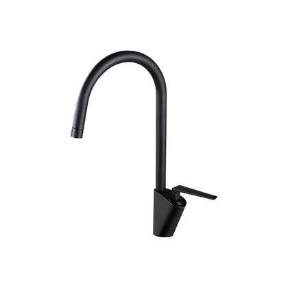 Matte black gooseneck kitchen faucet, solid brass, high-arc C-spout with single lever handle — SANIKB FYF-05058.