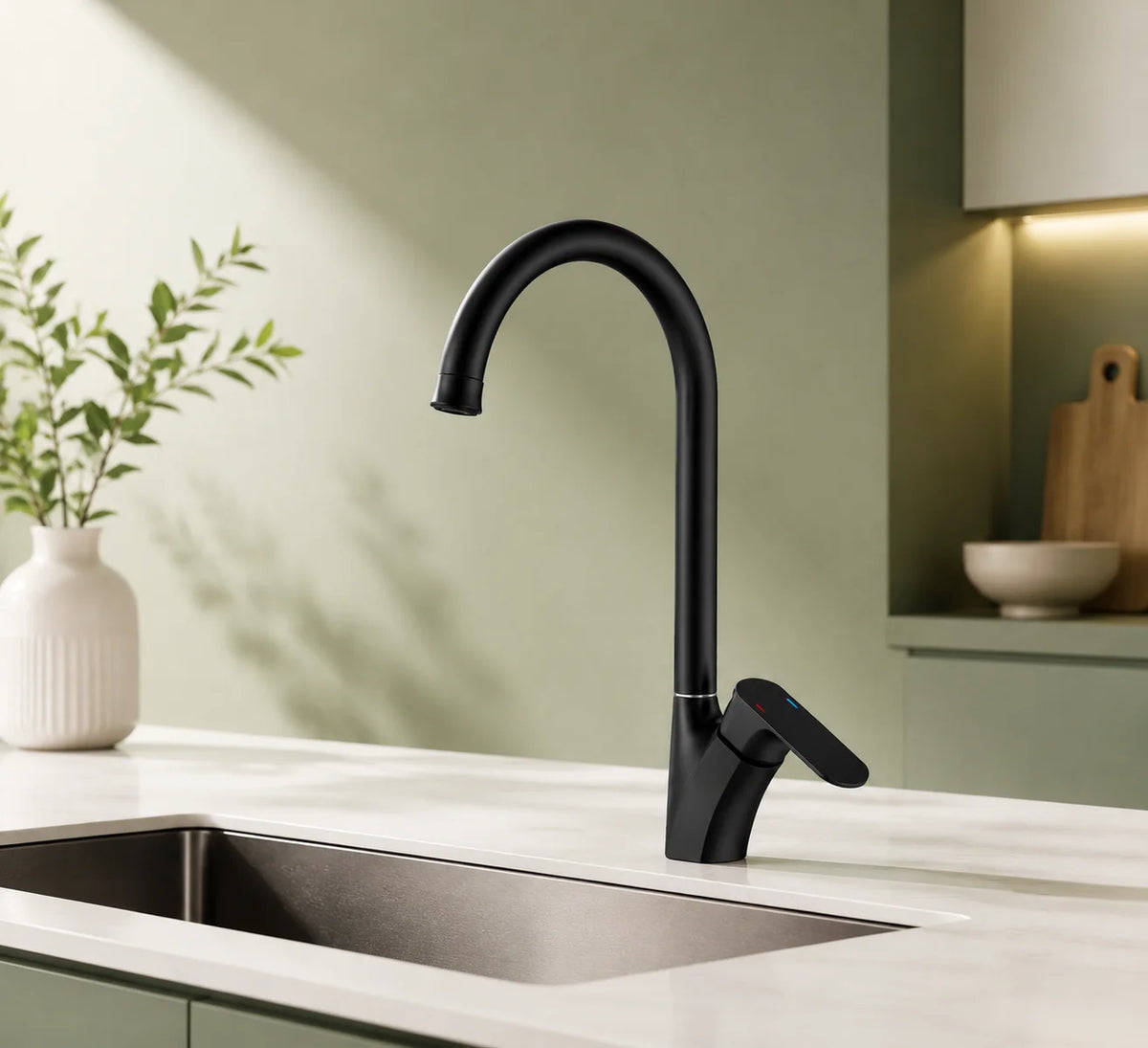 Gooseneck kitchen faucet brass, installed kitchen lifestyle scene — SANIKB FYF-05055