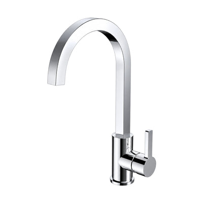 Chrome kitchen faucet with round vertical body, flat rectangular spout in a tall squared arc and side lever — SANIKB DL-05 104-CP