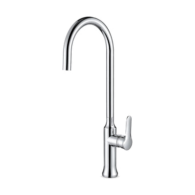 Chrome gooseneck kitchen faucet with slender body flaring at the base and thin tall C-shaped tube spout — SANIKB DL-05 105-CP