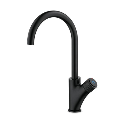 Matte black gooseneck kitchen faucet with forward-angled lever with blue and red indicator — SANIKB DL-05 001-BK