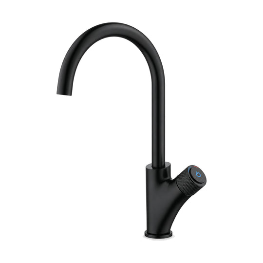 Matte black gooseneck kitchen faucet with forward-angled lever with blue and red indicator — SANIKB DL-05 001-BK