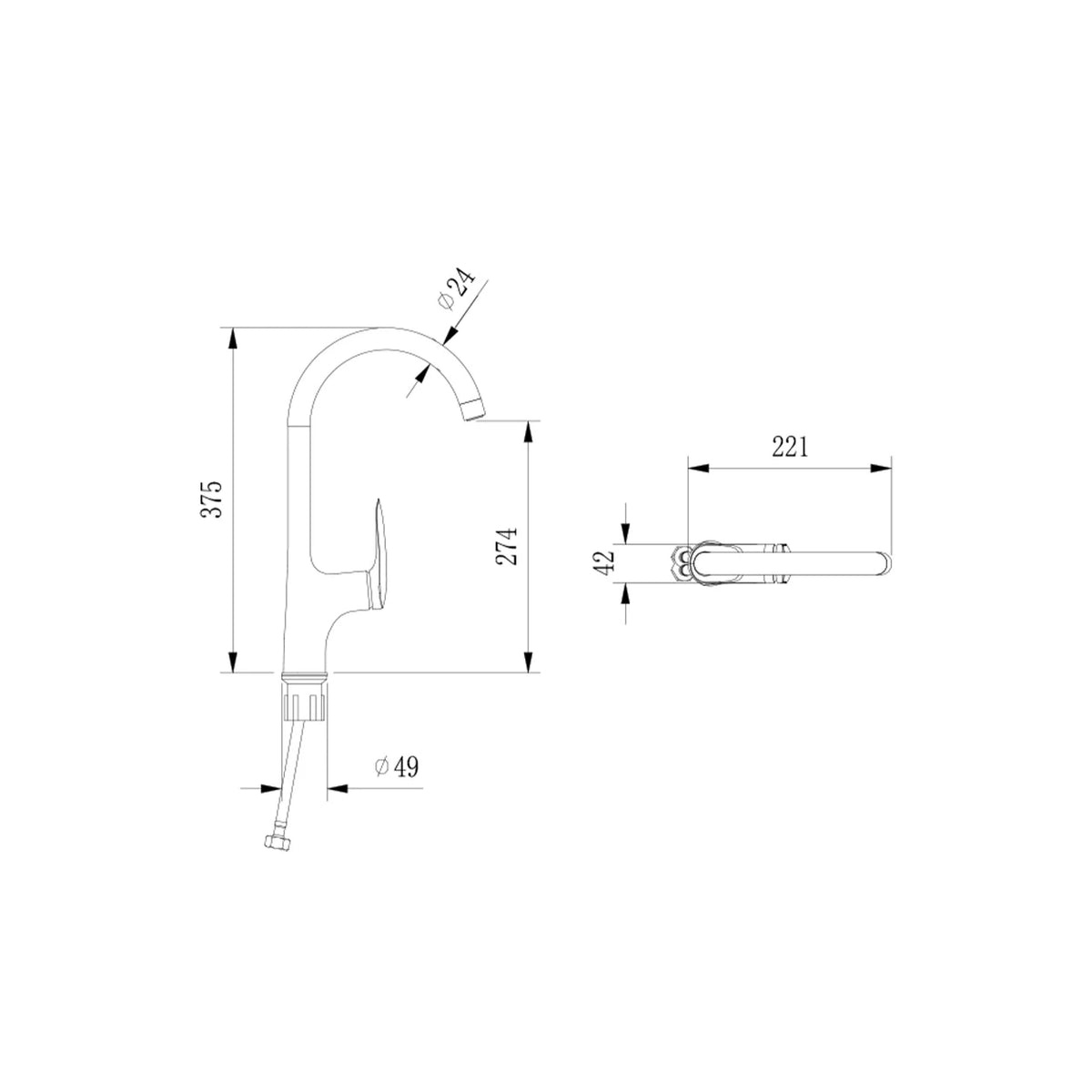 Dimensioned spec drawing for SANIKB FYF-05013 gooseneck kitchen faucet.