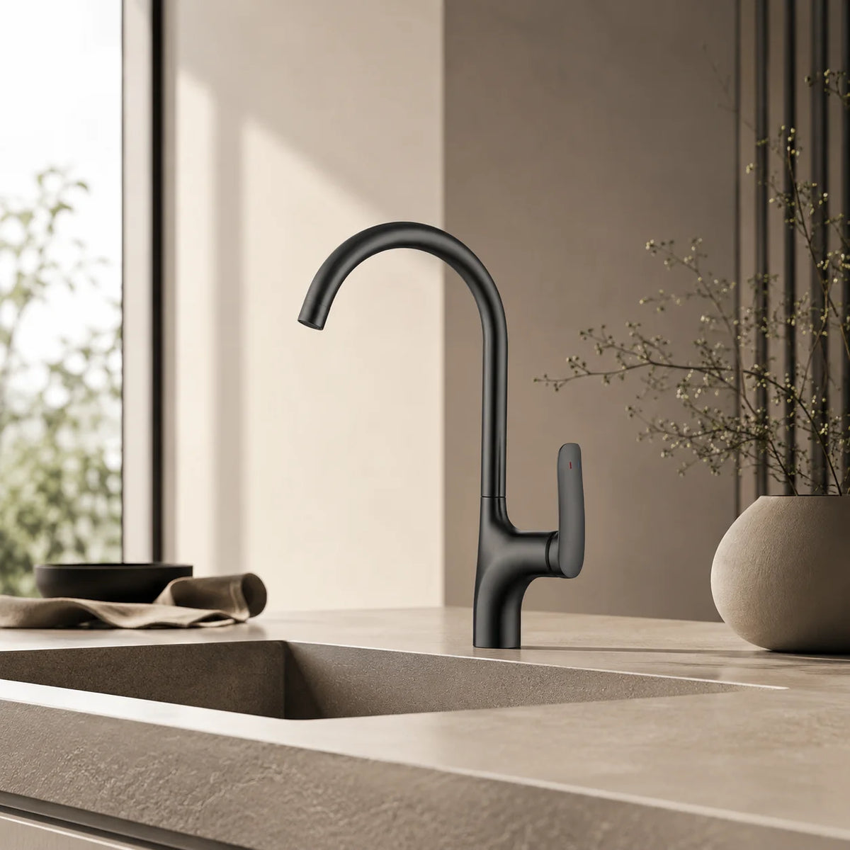 Gooseneck kitchen faucet stainless steel, installed kitchen lifestyle scene — SANIKB FYF-05013