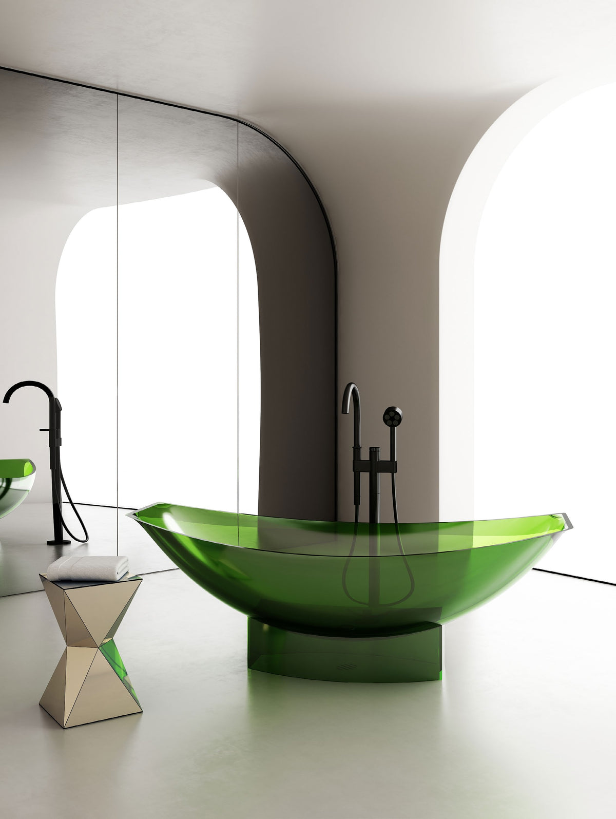 Green Curved Transparent Bathtub on Central Base; original factory model TW-8991T complete product view