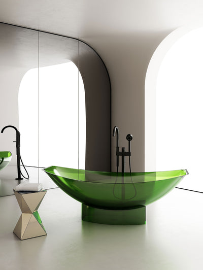 Green Curved Transparent Bathtub on Central Base; original factory model TW-8991T complete product view