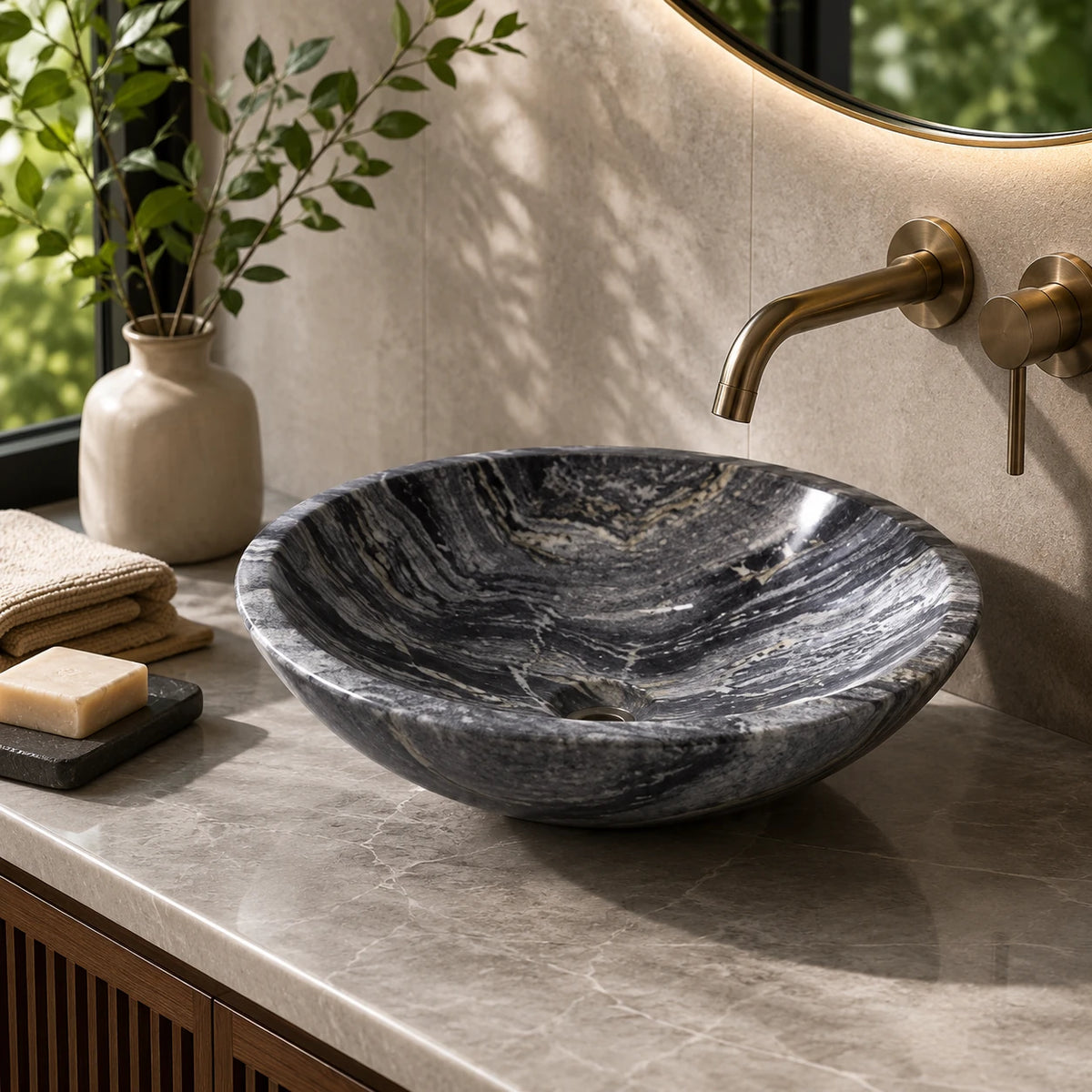 Green Marble Polished Round Vessel Basin 16.5×5.5