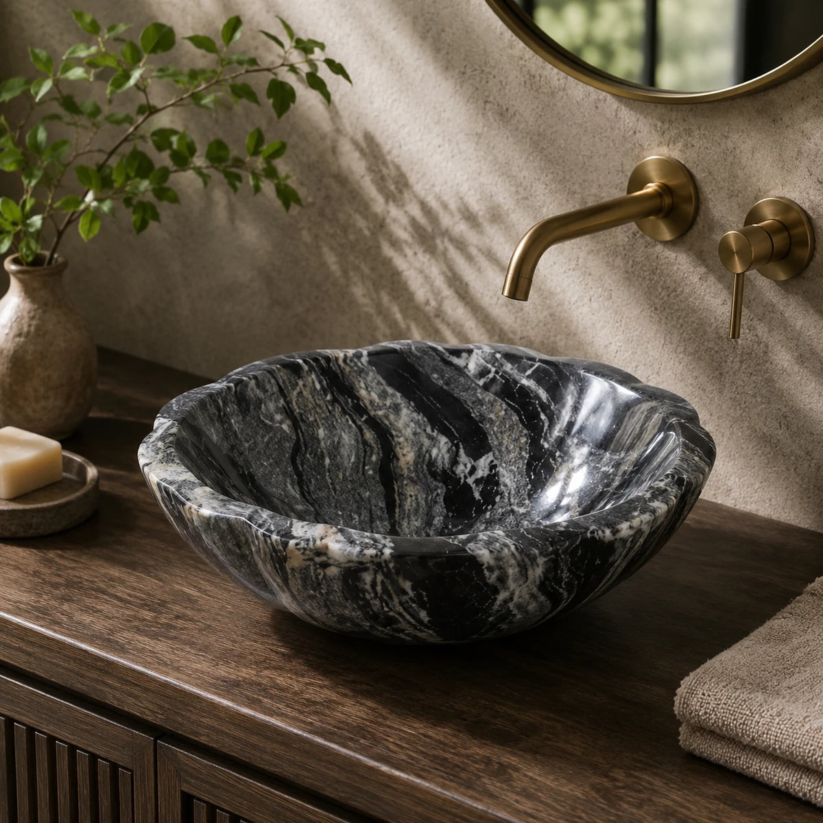 Green Marble Round Vessel Basin 16.5×5.5