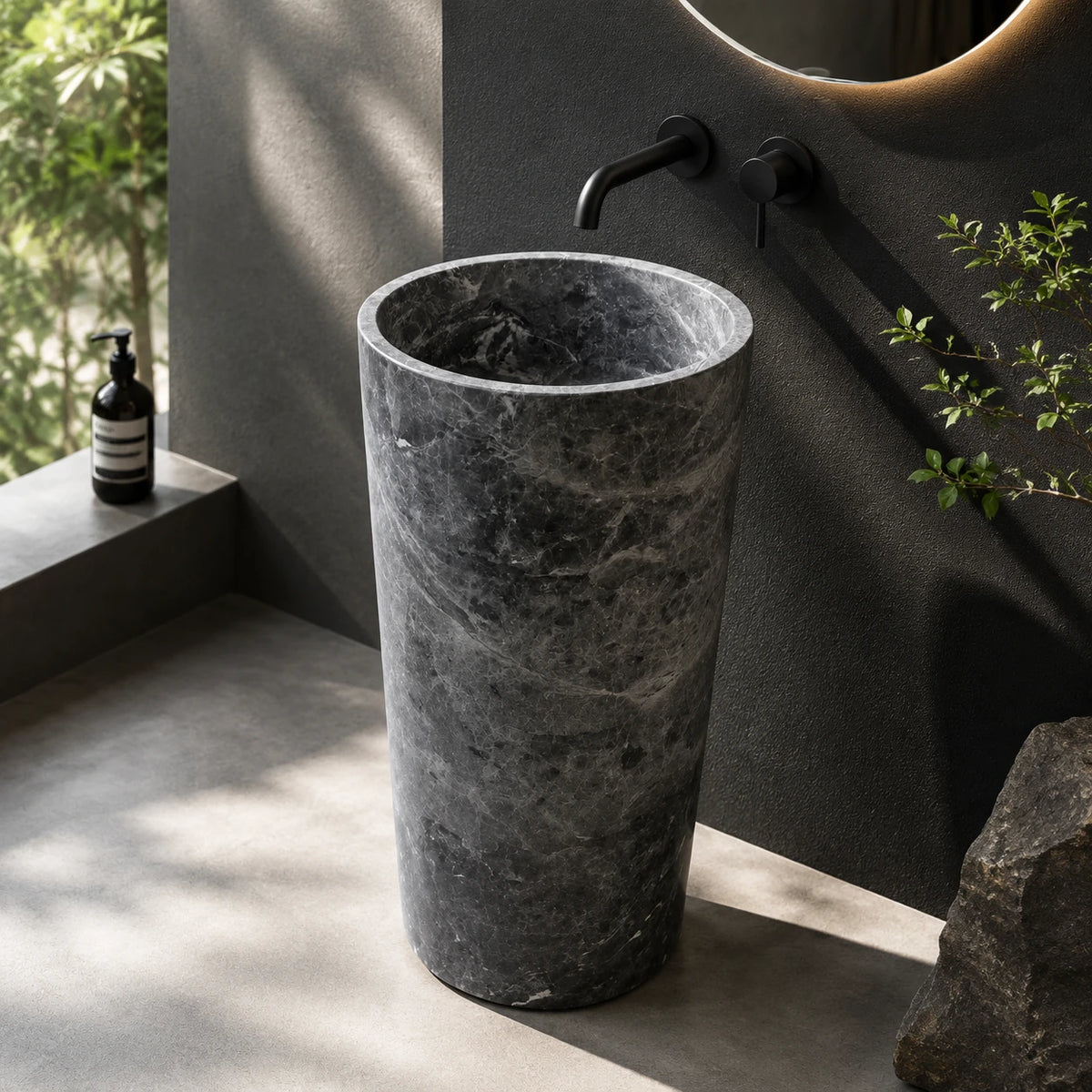 Grey Cloudy Marble Cylindrical Pedestal Basin