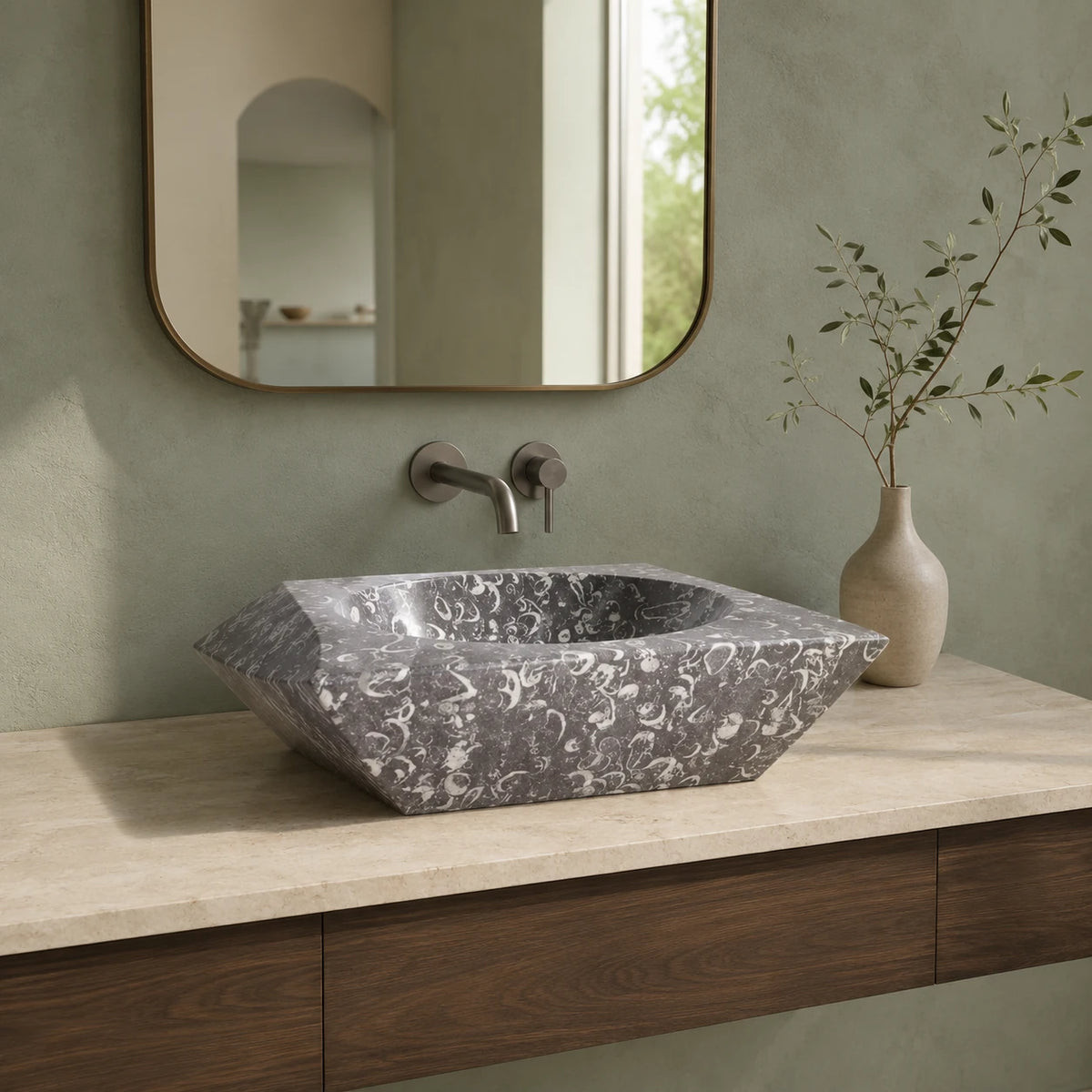 Grey Fossil Limestone Oval Vessel Basin 17.3×5.1