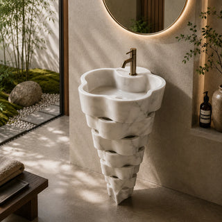 Guangxi White Marble Hand-Carved Pedestal Basin