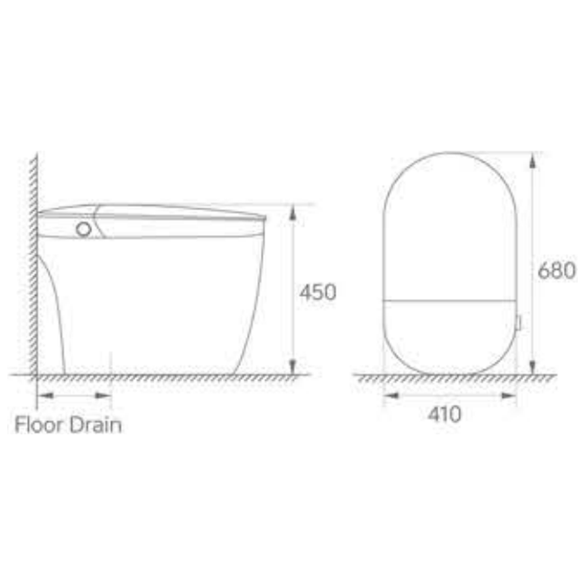 SANIKB H809 smart toilet dimension drawing, 680 × 410 × 450 mm