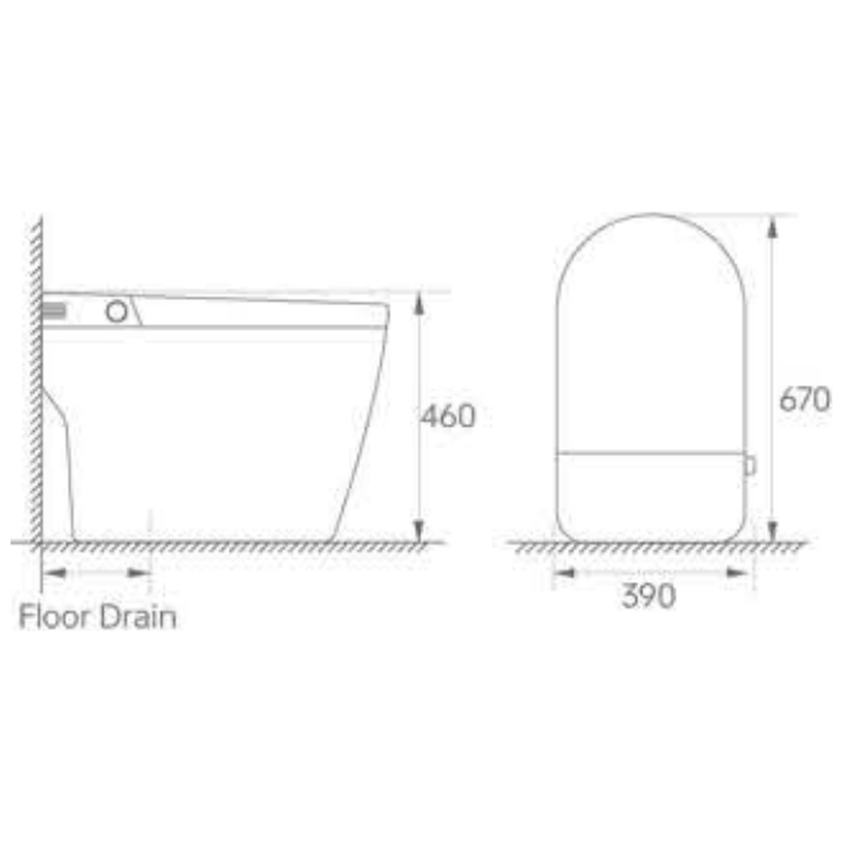 SANIKB H833 smart toilet dimension drawing, 670 × 390 × 460 mm