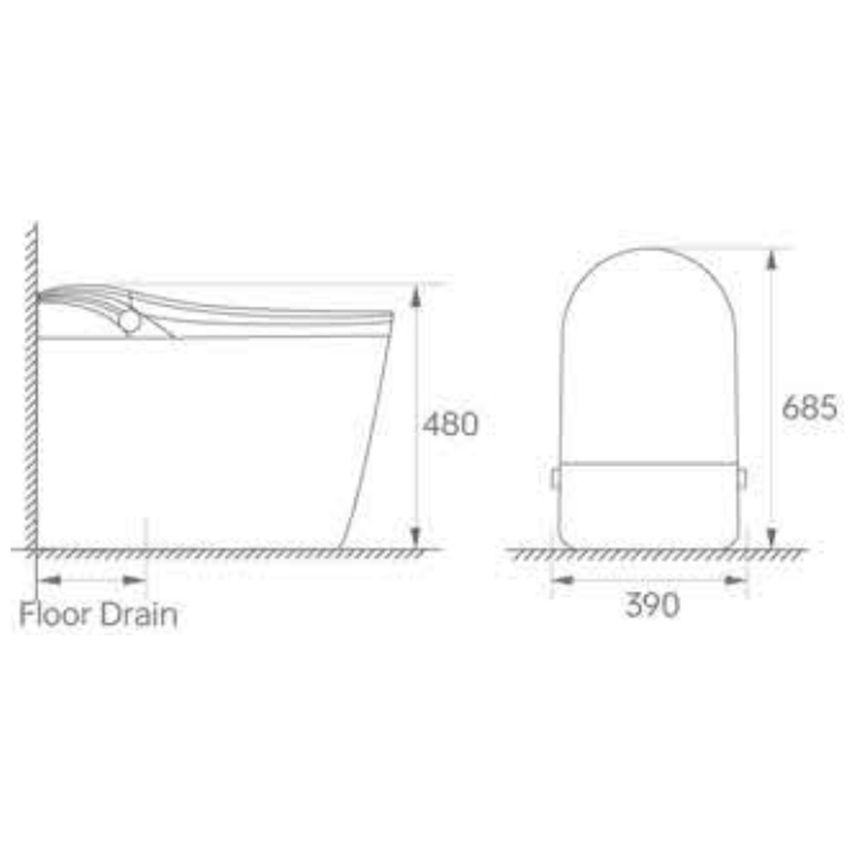 SANIKB H867 smart toilet dimension drawing, 685 × 390 × 480 mm