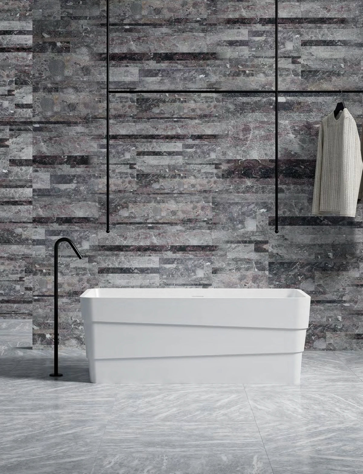 Horizontal Band Rectangle Solid Surface Bathtub - XA-8829; complete factory model view